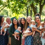 Diversas mães com seus bebês desfrutando de um dia ensolarado no parque.