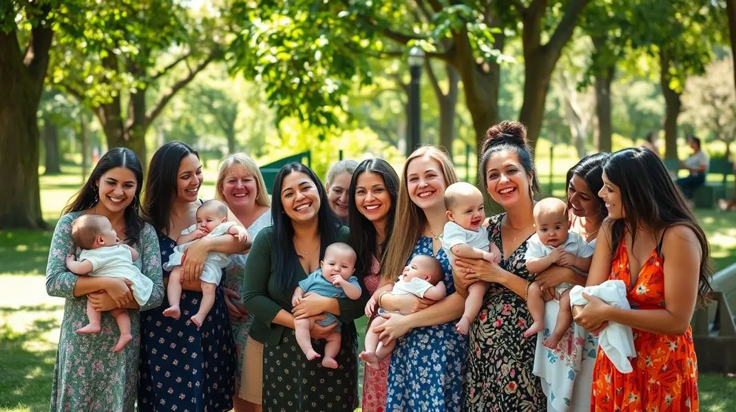 Diversas mães com seus bebês desfrutando de um dia ensolarado no parque.