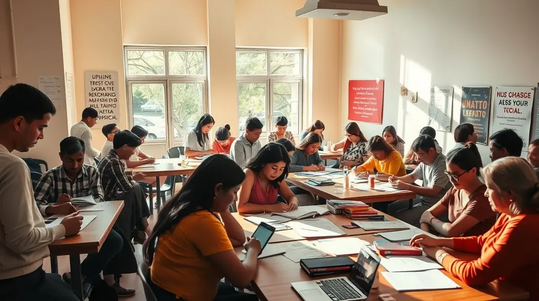 Grupo diverso de indivíduos em um centro assistencial discutindo sobre o Cadastro Único.